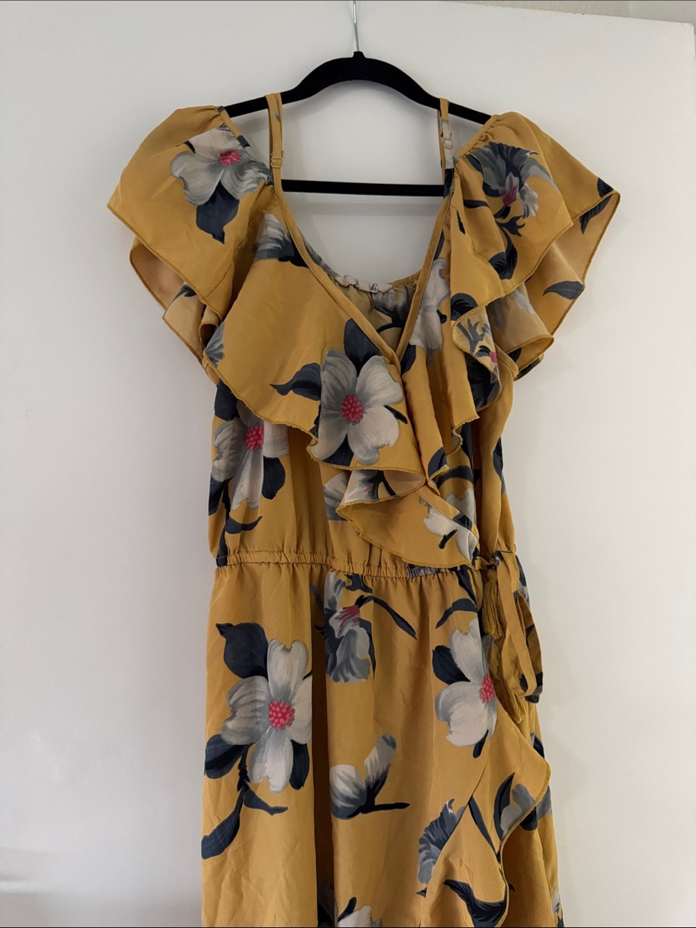 Floral Ruffle Wrap Maxi Dress in Mustard